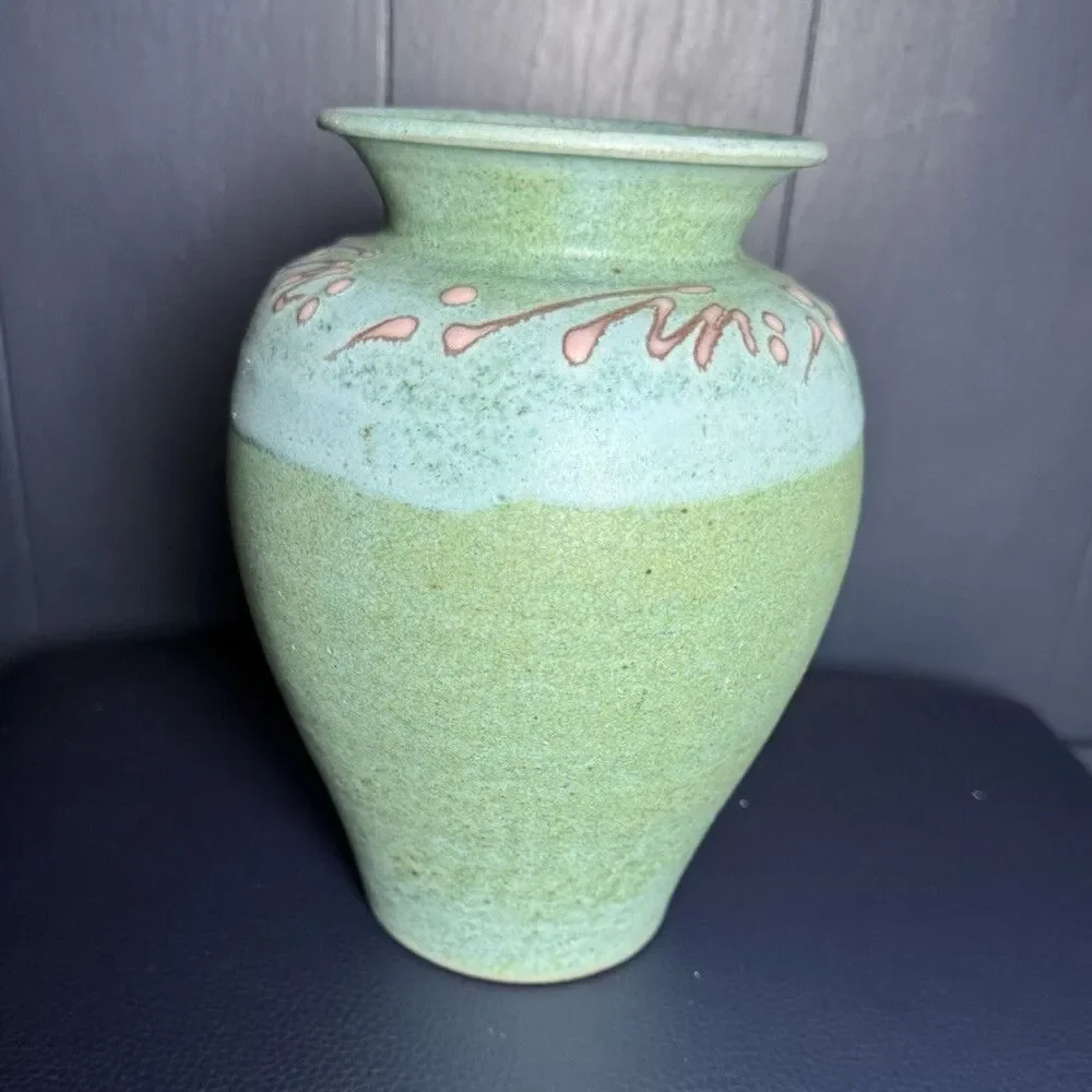 Signed Hodaka Studio Pottery Vase, ’93 – Turquoise & Celadon Stoneware Pottery
